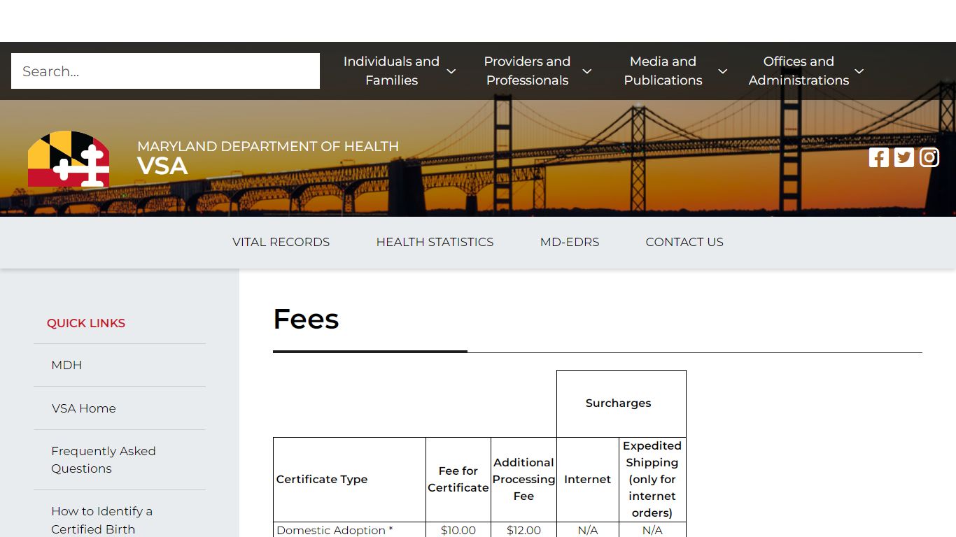 Maryland Department of Health fees